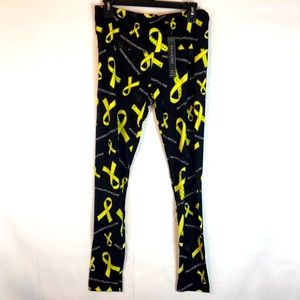 Buskins High Waist Black with Yellow Ribbon Print Leggings Size Plus